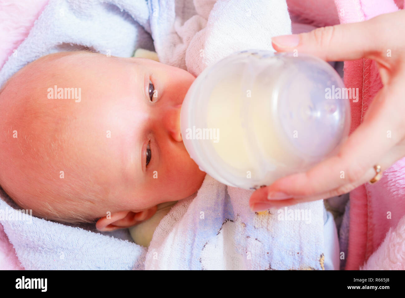 Infant care and feeding concept. Little newborn baby drinking milk