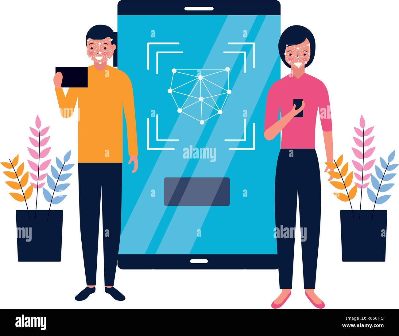 man and woman with mobile face scan vector illustration Stock Vector ...