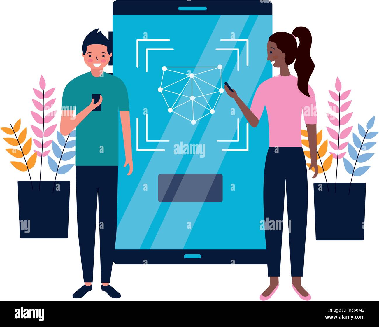 man and woman with mobile face scan vector illustration Stock Vector ...