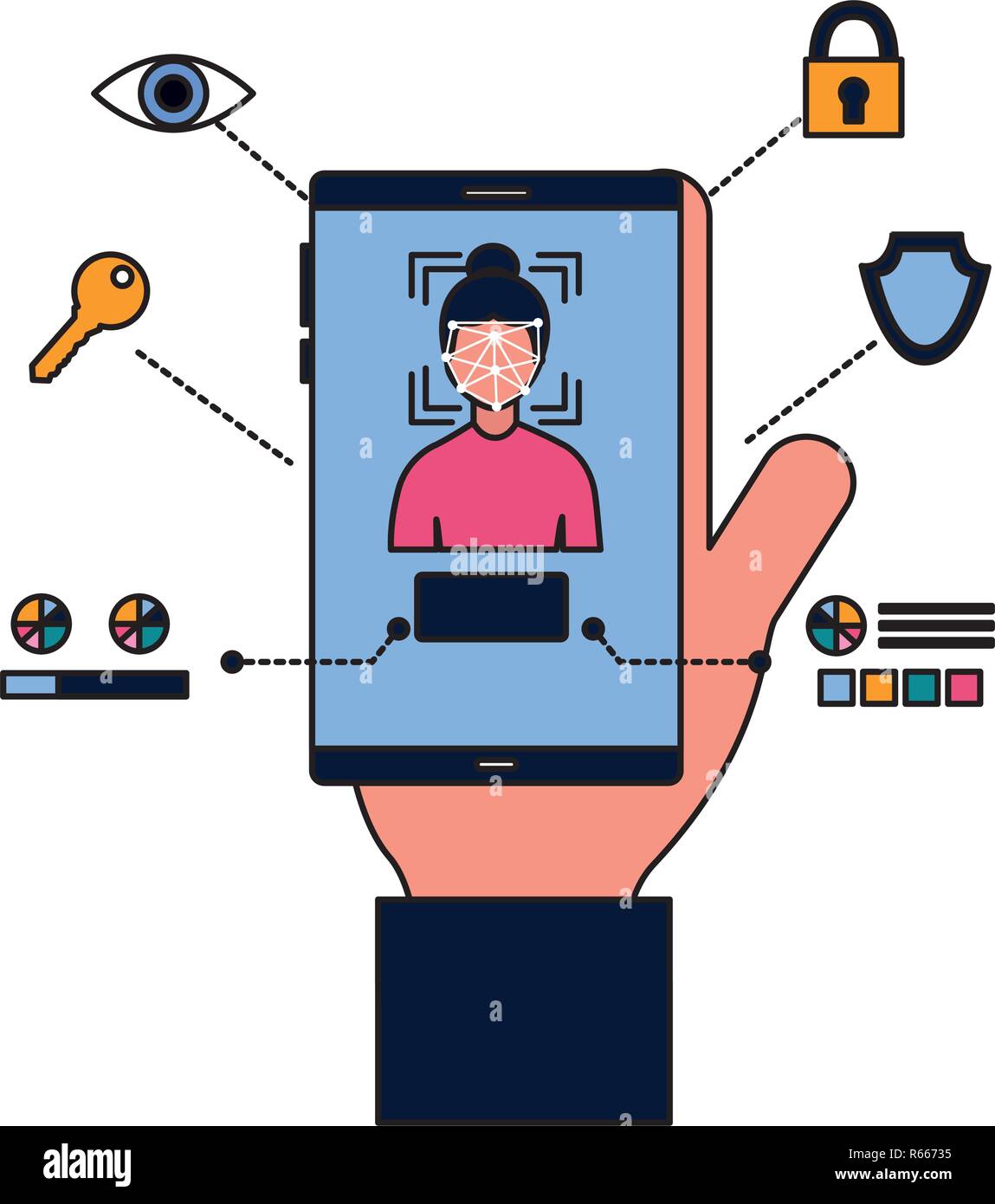 hand with cellphone face scan biometric technology vector illustration ...