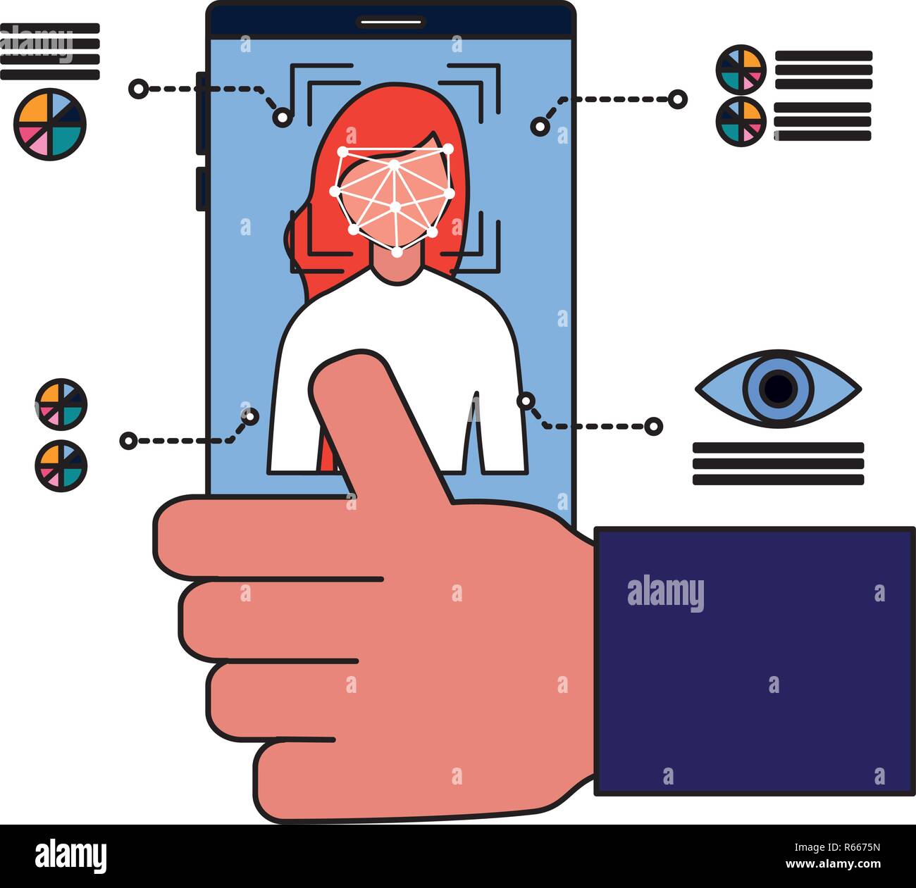 hand with cellphone face scan biometric technology vector illustration ...