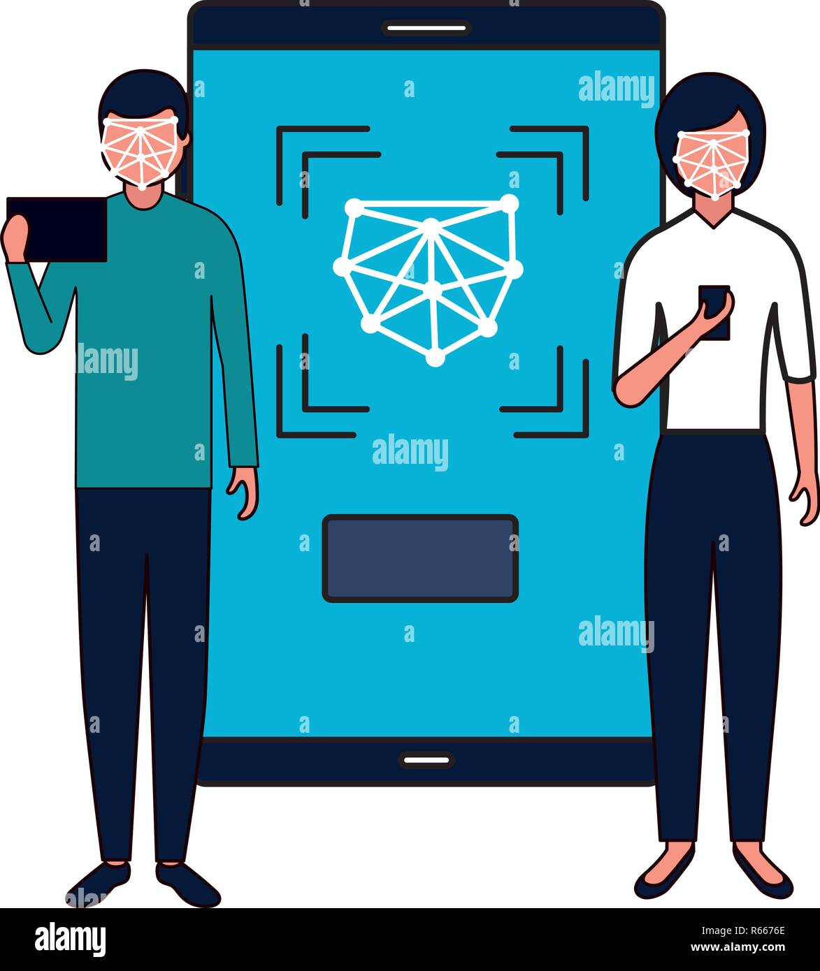 man and woman with mobile face scan vector illustration Stock Vector ...