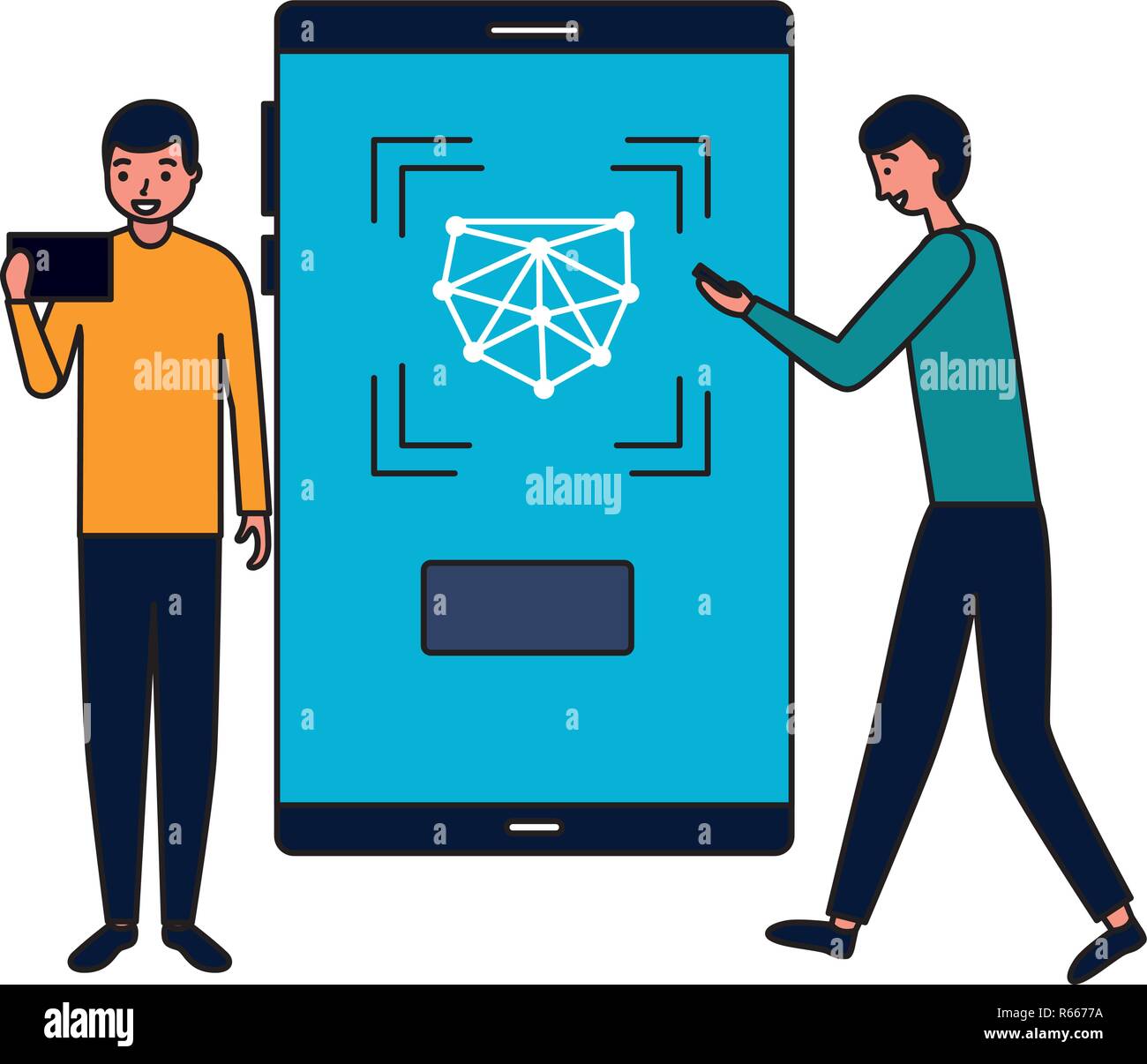 two men with mobile face scan digital vector illustration Stock Vector
