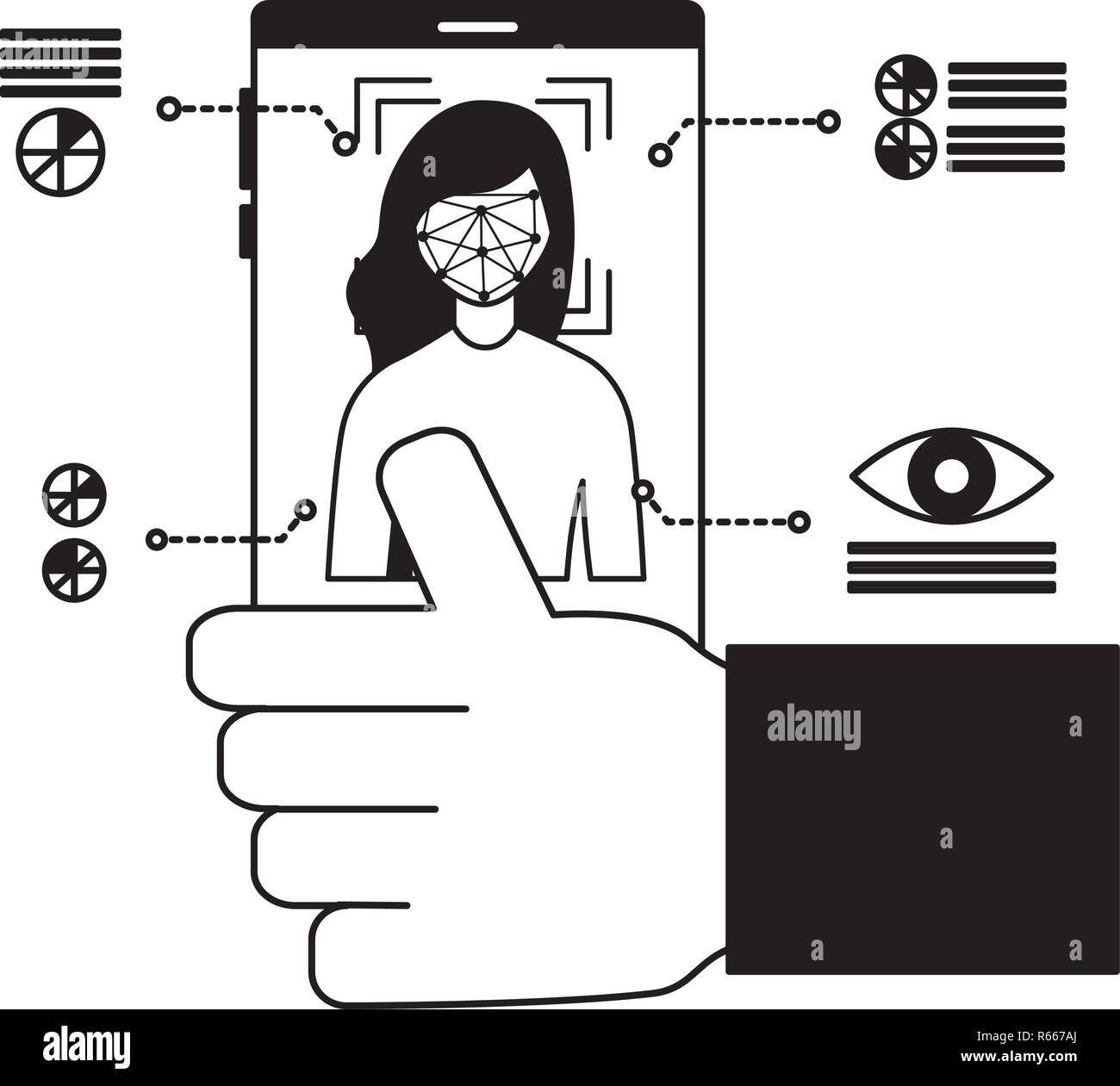 hand with cellphone face scan biometric technology vector illustration ...