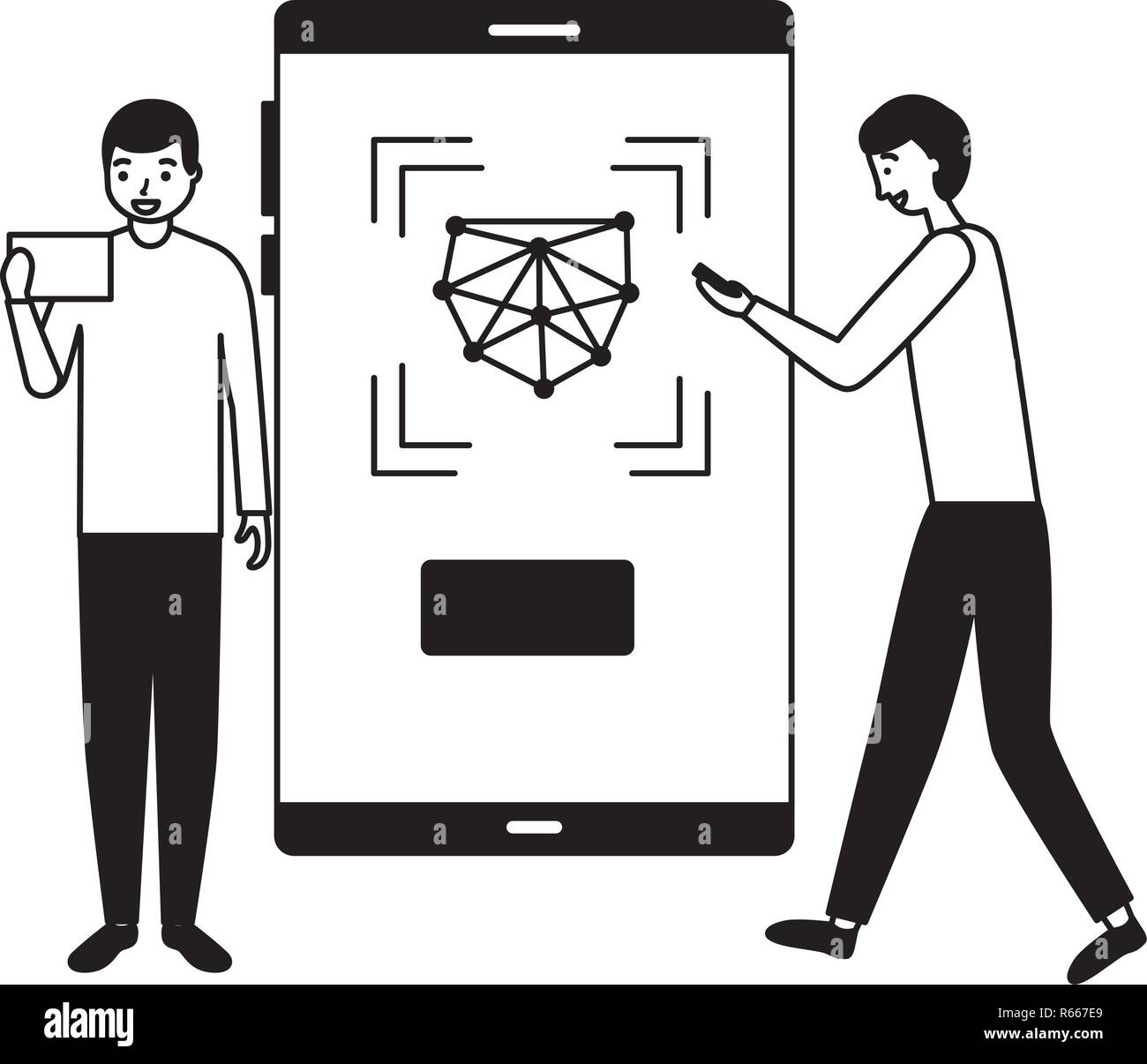 two men with mobile face scan digital vector illustration Stock Vector ...