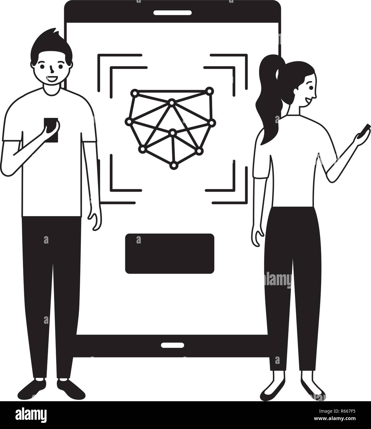 man and woman with mobile face scan vector illustration Stock Vector ...