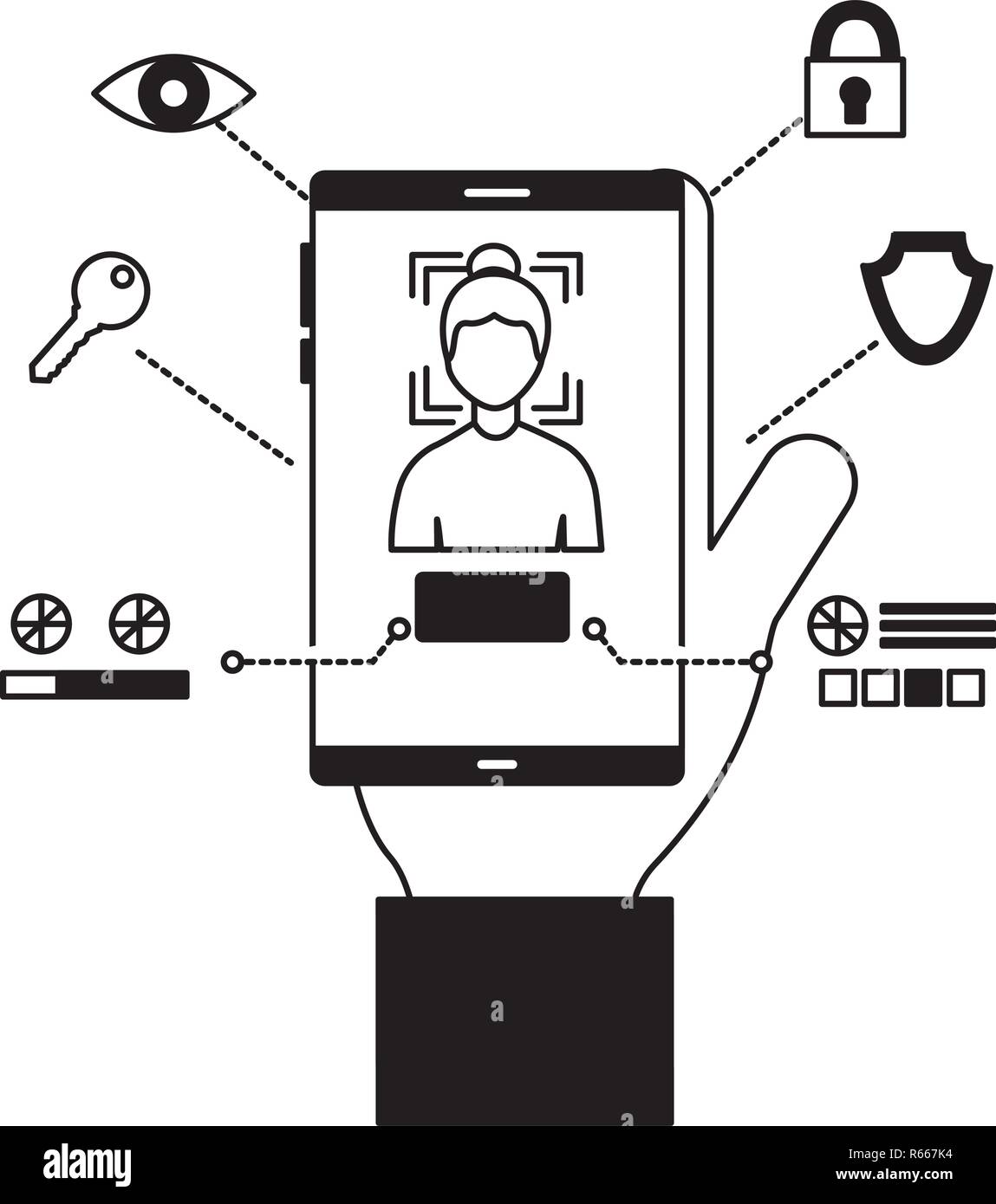 hand with cellphone face scan biometric technology vector illustration ...