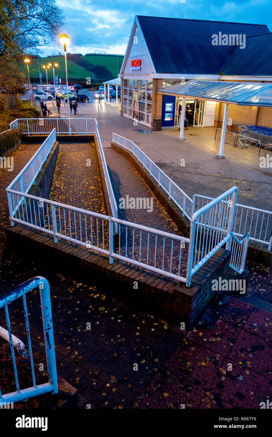 Dusk image of Wheelchair ramps at Tesco Supermarket at Dinnington, Rotherham, South Yorkshire