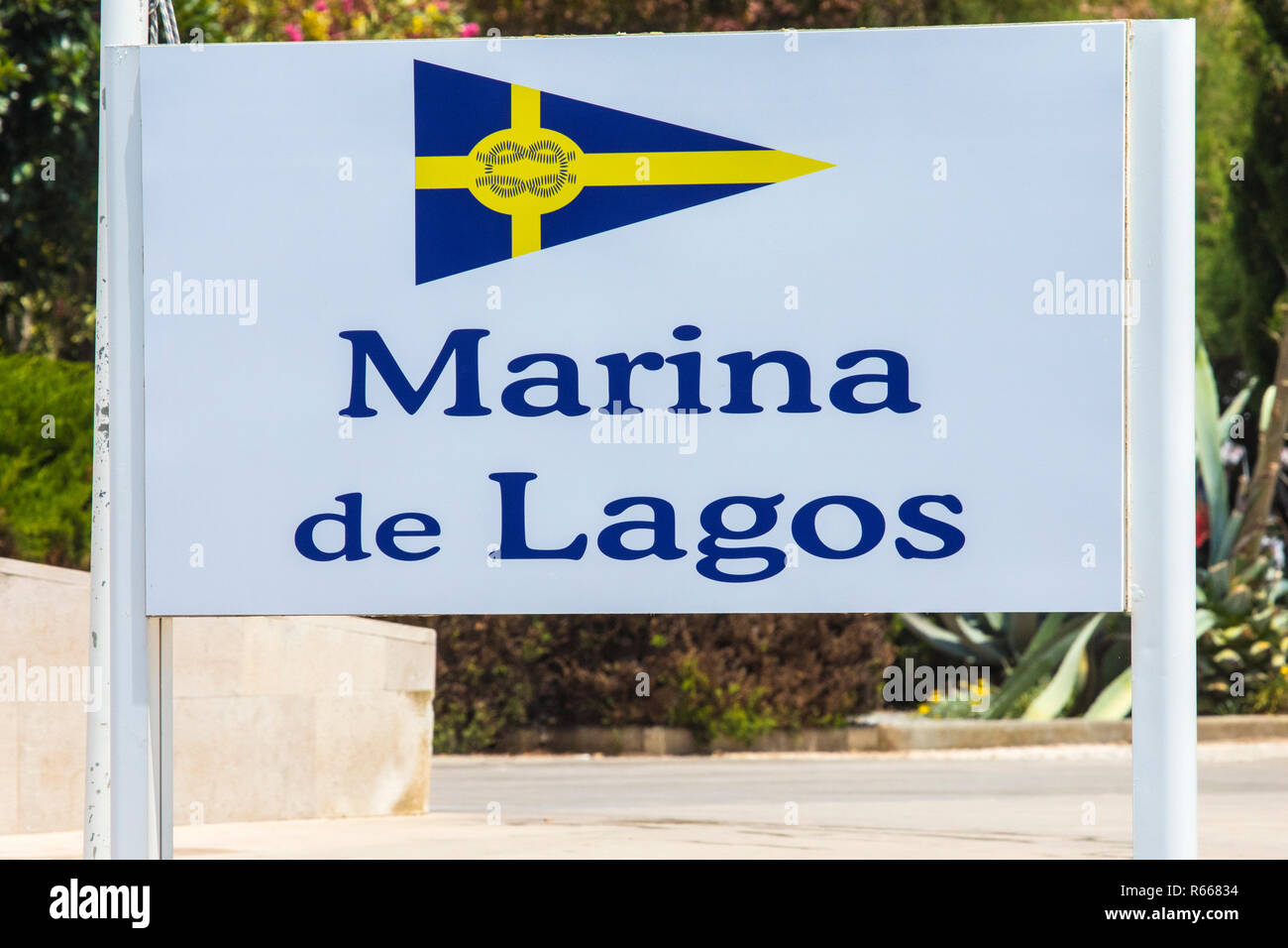 A sign for Marina de Lagos in the Algarve region of Portugal. Stock Photo