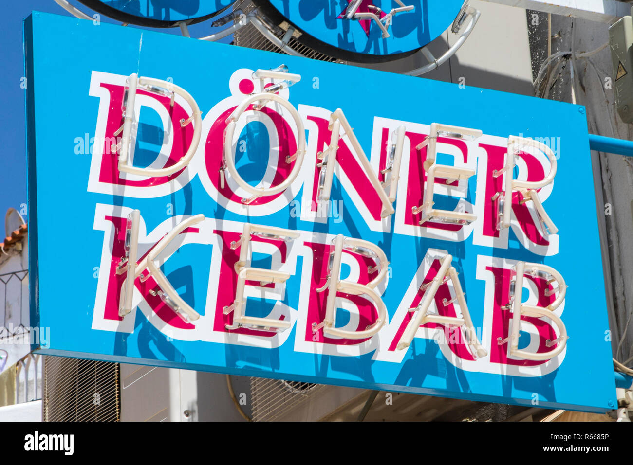 ALBUFEIRA, PORTUGAL - JULY 13TH 2018: A sign for a Doner Kebab takeaway shop in Europe, on 13th July 2018. Stock Photo