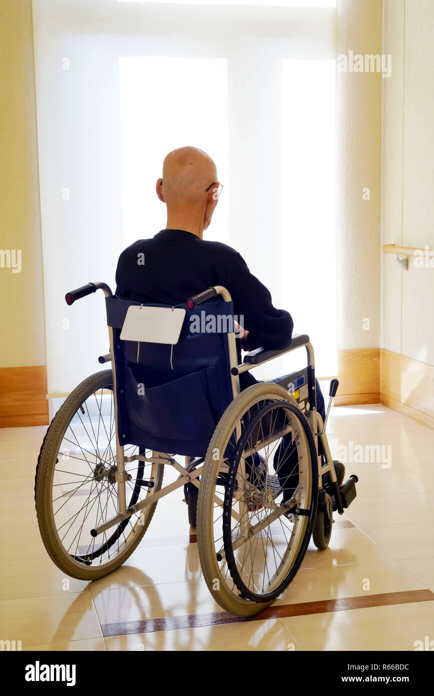 Back view of senior or elderly man on wheelchair at hospital hallway Stock Photo