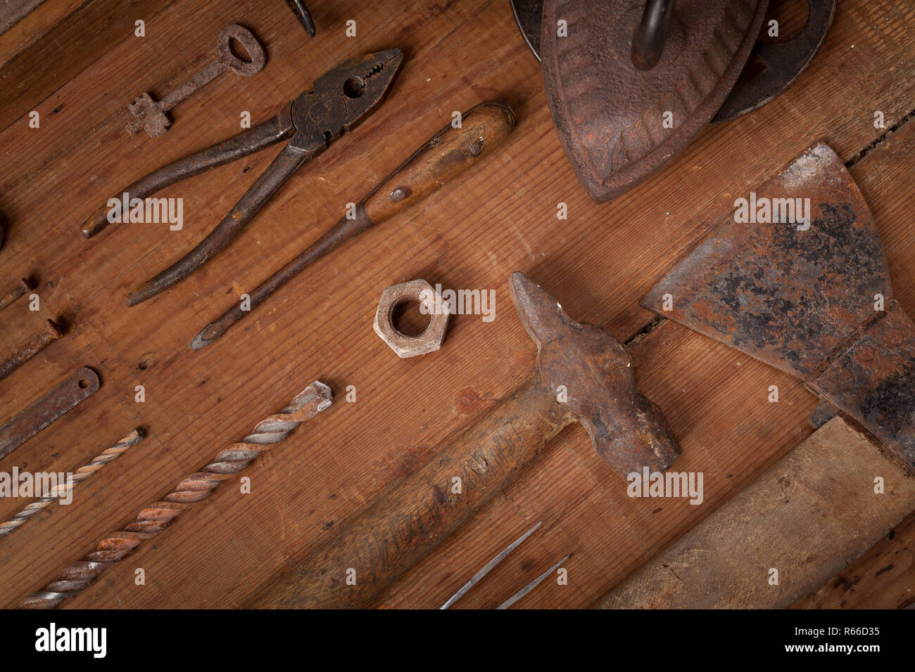 Collection of vintage tools on wooden background Stock Photo - Alamy