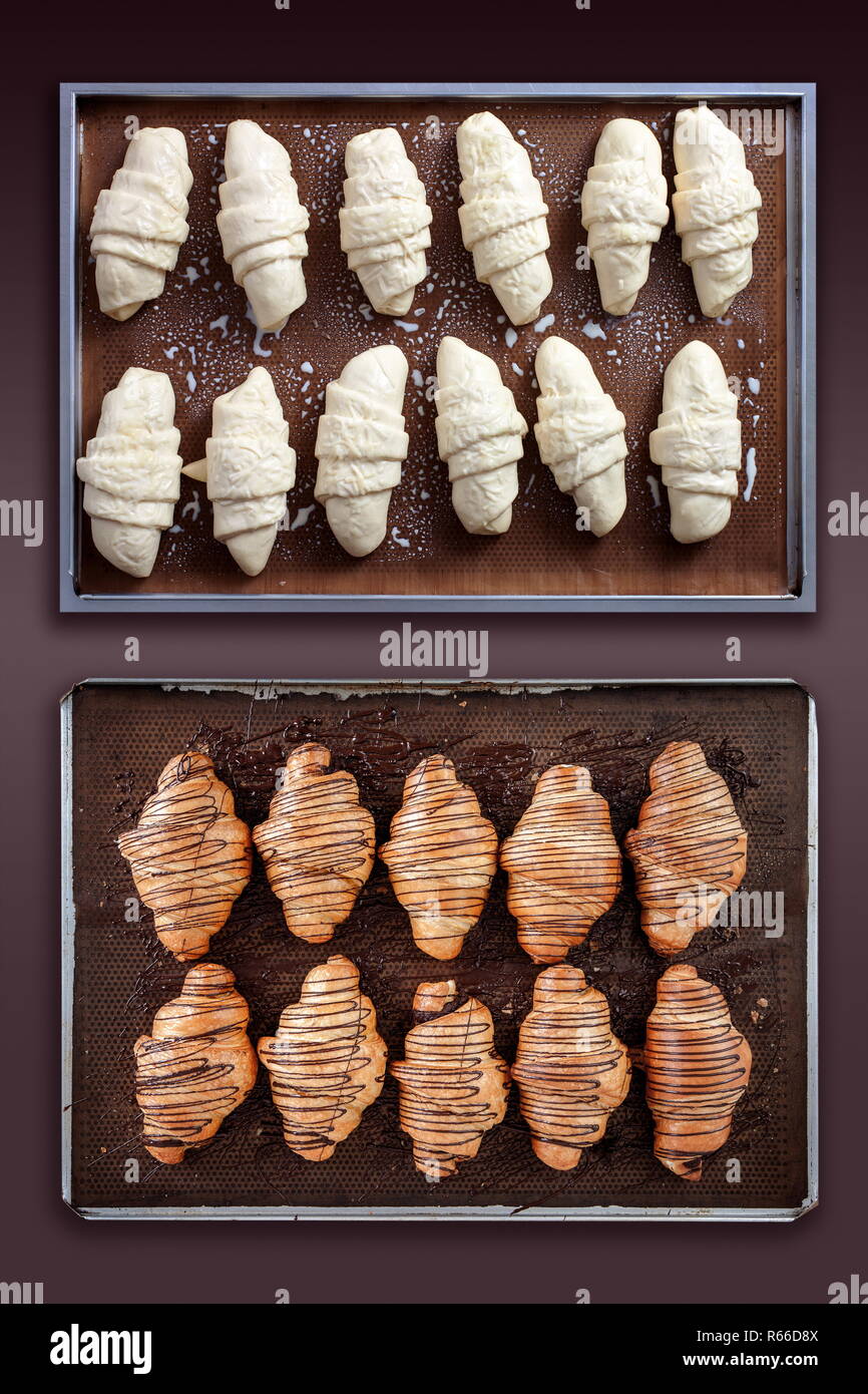 Croissant before and after baking Stock Photo