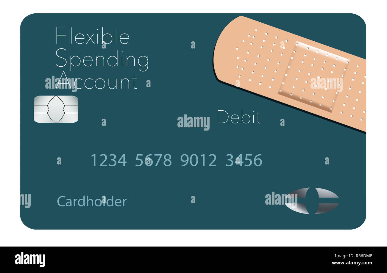 Here is a Flexible Spending Account medical insurance debit card in a modern design and is decorated with an adhesive bandaid to go with the medical s Stock Photo