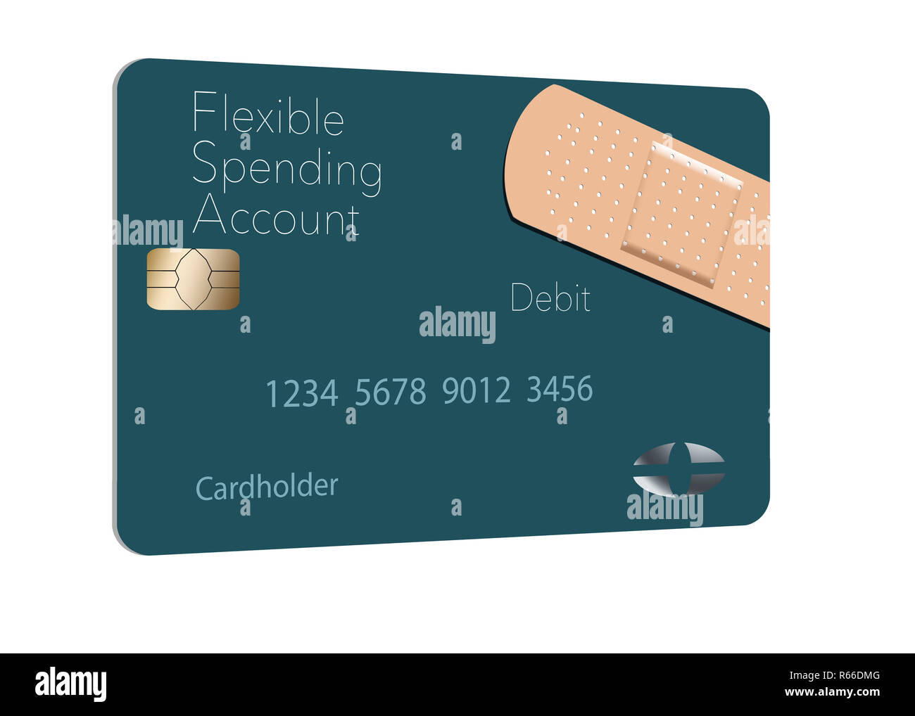 Here is a Flexible Spending Account medical insurance debit card in a modern design and is decorated with an adhesive bandaid to go with the medical s Stock Photo