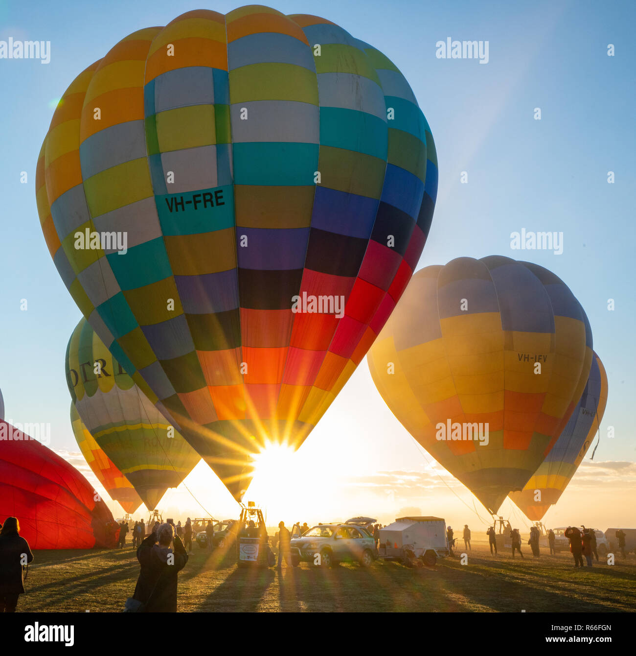 Inflated balloons at King valley hot air balloon festival in Victoria, Australia. Stock Photo