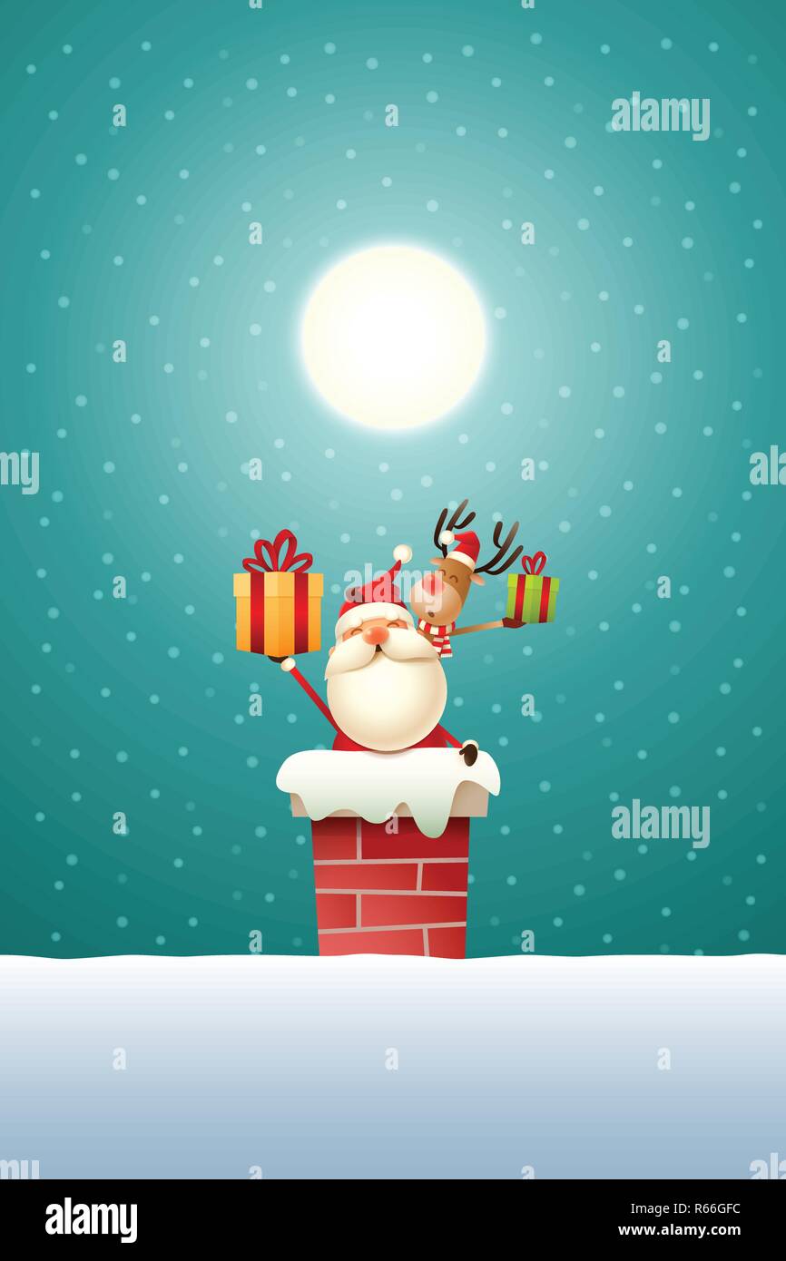 Santa Claus and Reindeer on the roof with gifts - turquoise snowy moonlight background Stock Vector