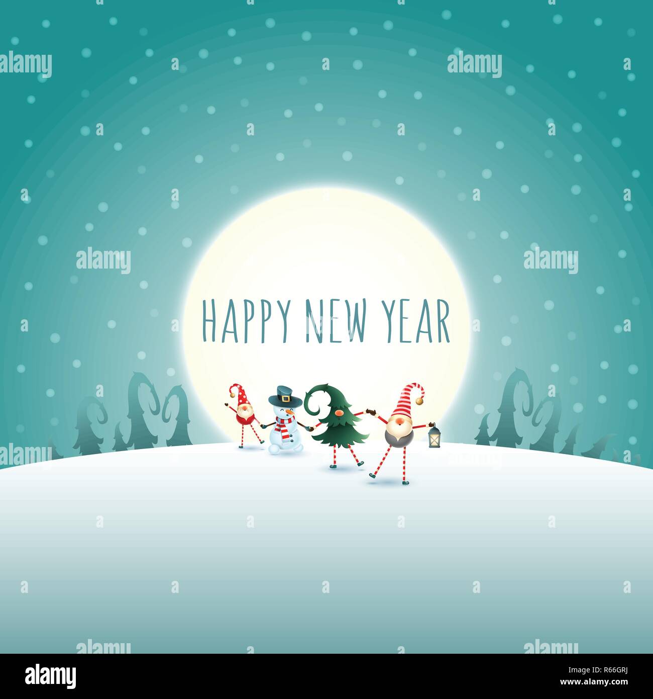 Happy New Year Christmas Scandinavian Gnomes And Snowman On Moonlight Winter Background Stock Vector Image Art Alamy