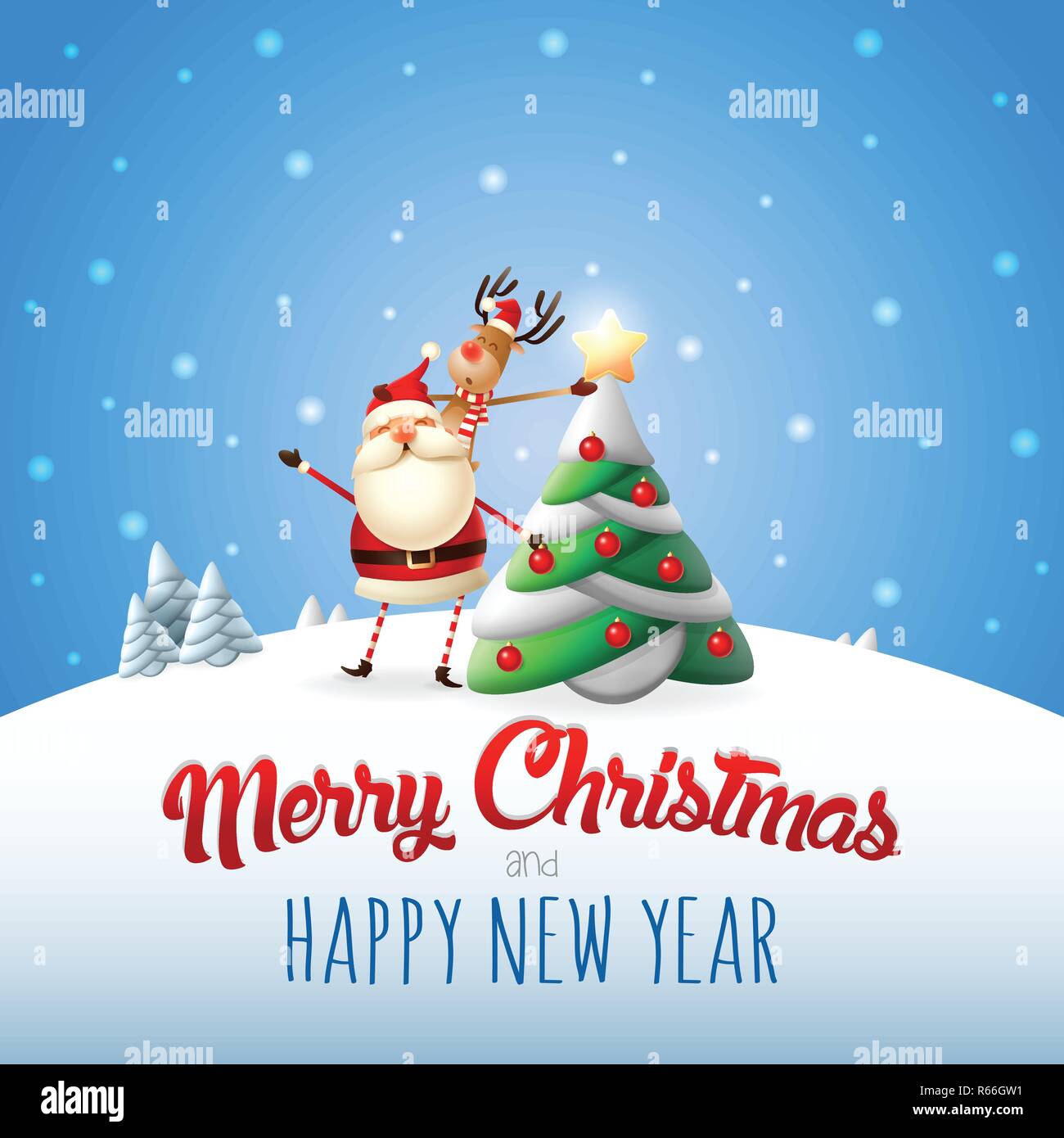 Santa Claus and reindeer decorated Christmas tree - Merry Christmas and happy New year greeting card Stock Vector