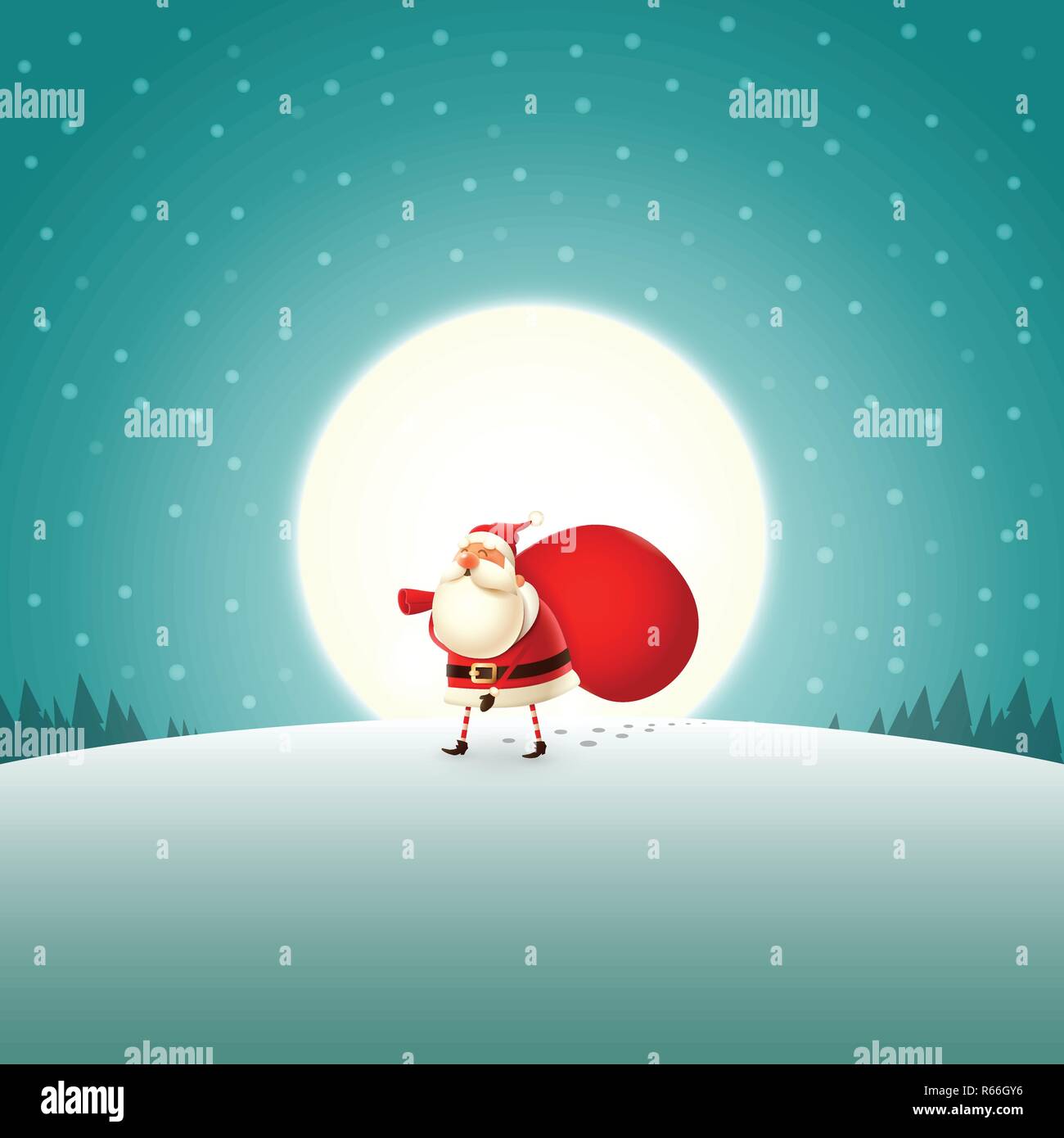 Tired Santa Claus walking with gifts bag - moonlight landscape Stock Vector