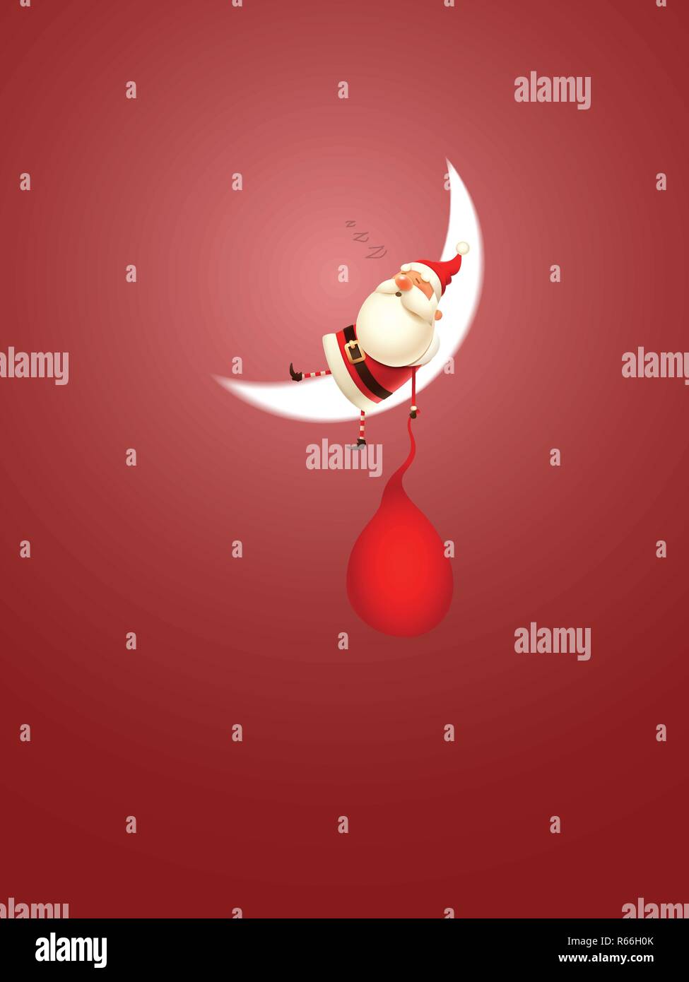 Santa Claus sleep on moon - vector illustration on red background Stock Vector