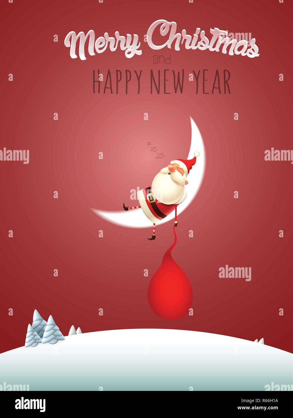 Santa Claus sleep on moon - Merry Christmas and happy New year greeting card Stock Vector