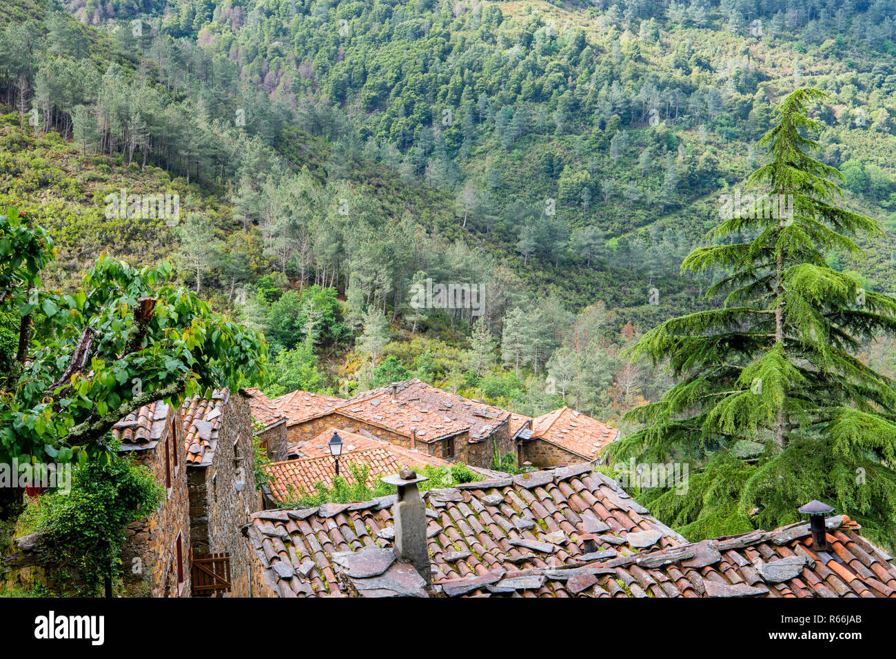 Rooftops of the ancient schist village of Cerdeira in the Serra da Lousa mountains in Portugal Stock Photo