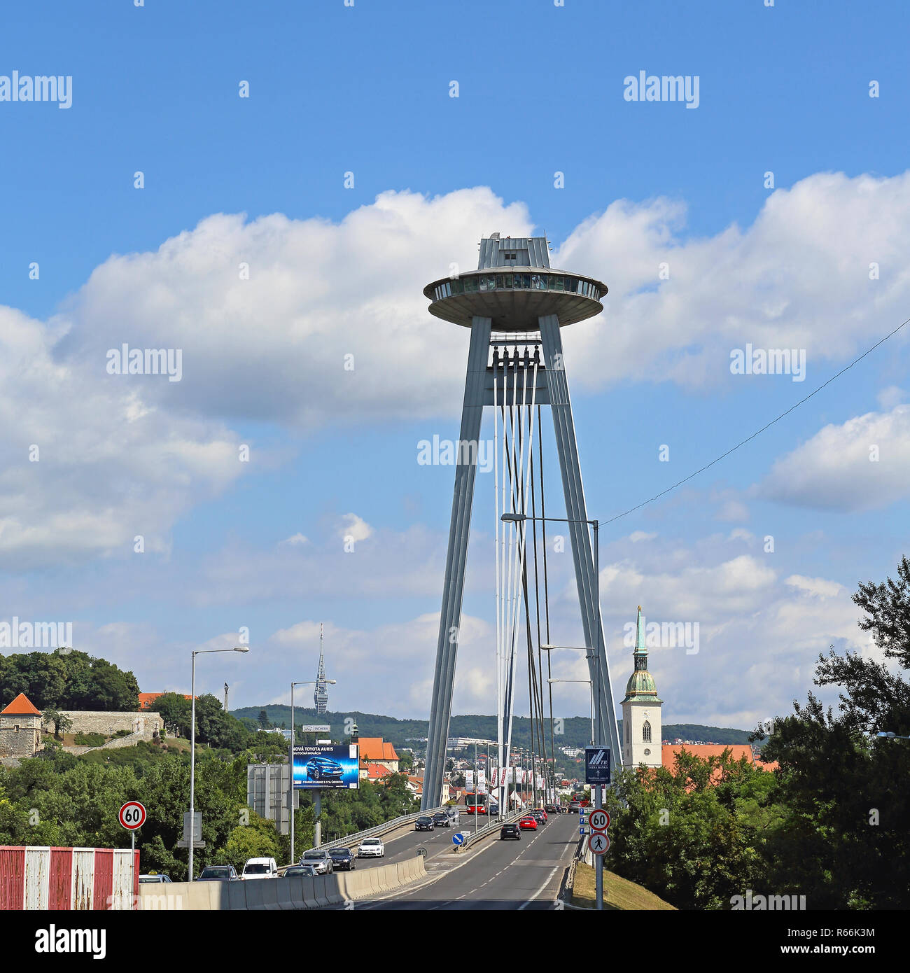 BRATISLAVA, SLOVAKIA - JULY 10: SNP Bridge in Bratislava on JULY 10, 2015. Famous Bratislava Bridge With UFO Restaurant on Top of Pylon in Bratislava, Stock Photo
