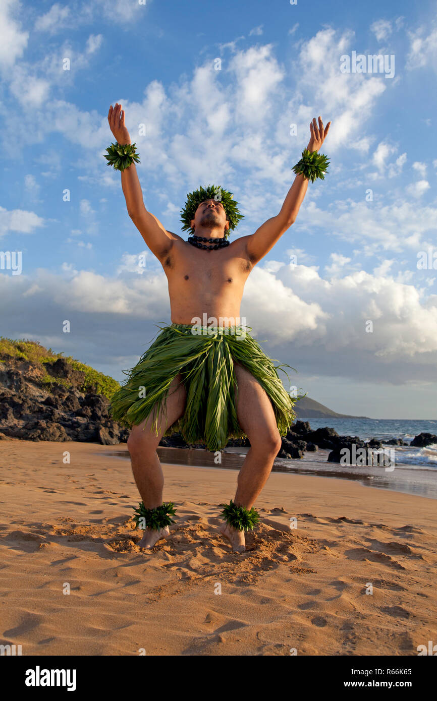 Hula dancer on the beach on Maui, Hawaii. Stock Photo