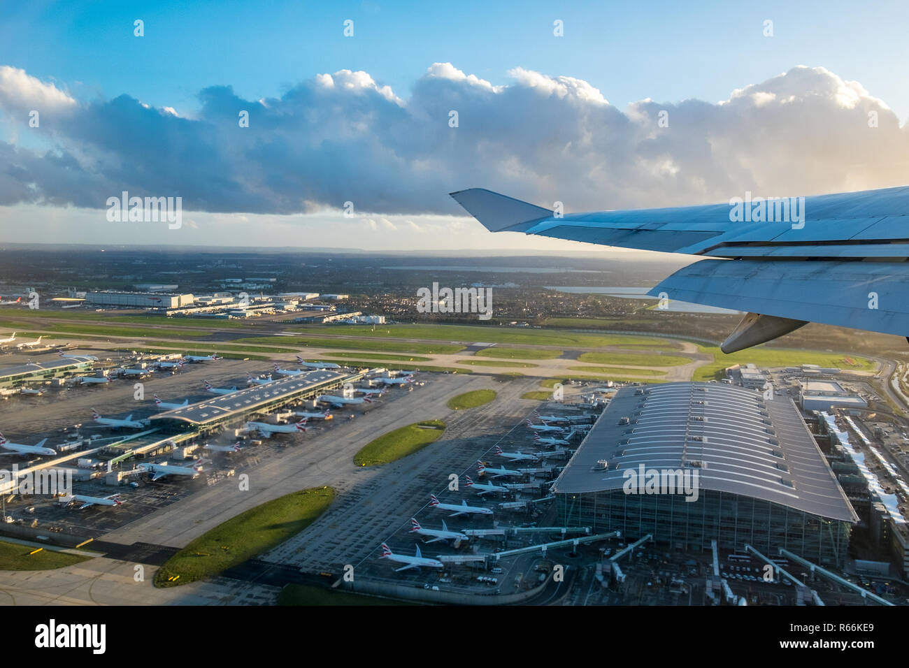 London Heathrow Airport, Terminal 5, aerial view from plane taking off Stock Photo
