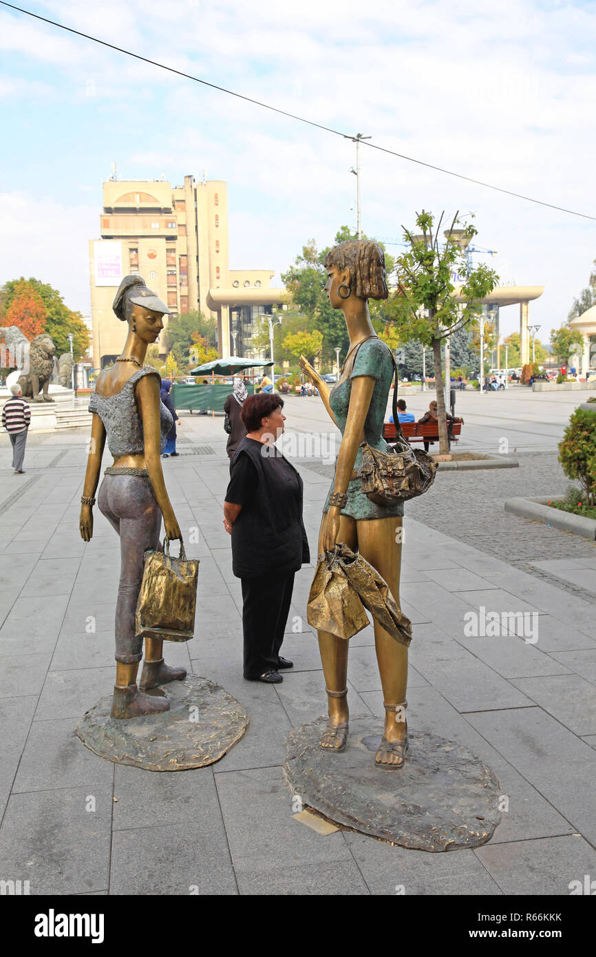 SKOPJE, MACEDONIA - SEPTEMBER 17: Macedonia Square in Skopje on SEPTEMBER 17, 2012. Macedonia Square With Kitsch Sculptures in Skopje, Macedonia. Stock Photo