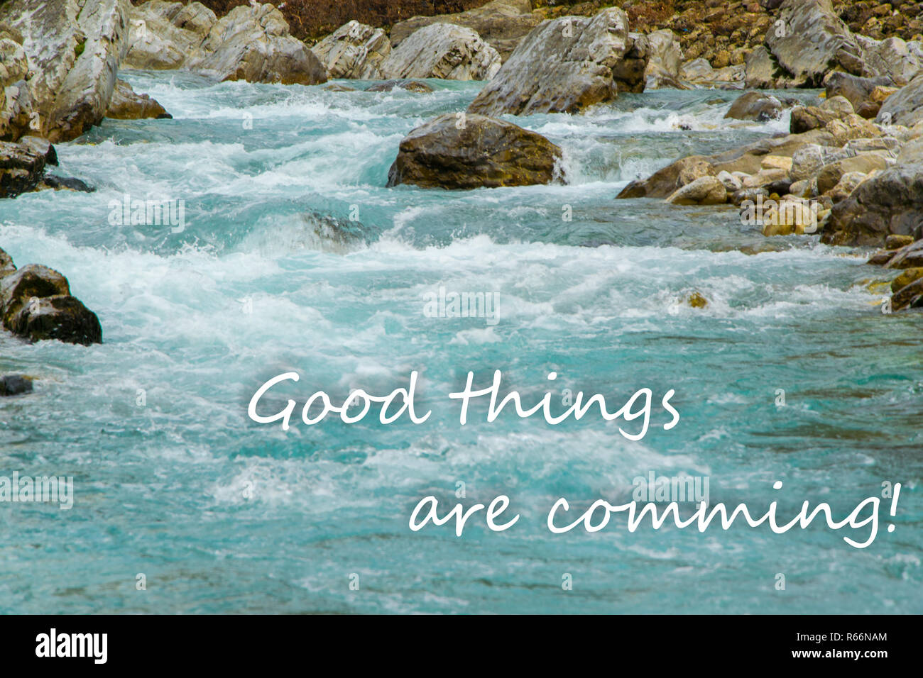 Scenic nature background with text 'Good things are comming' Stock Photo