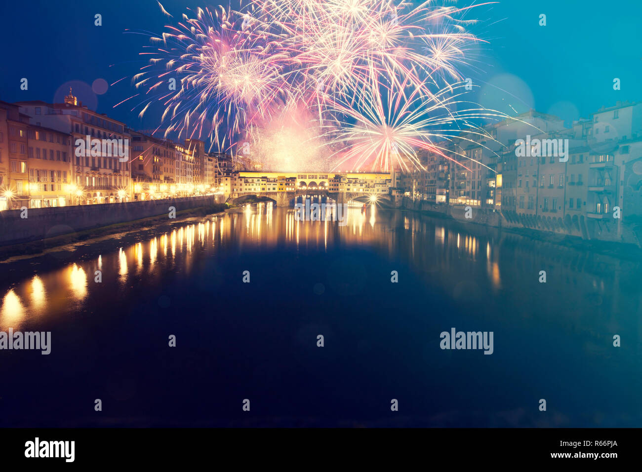 Florence with fireworks Celebrating New Year in the city Stock Photo