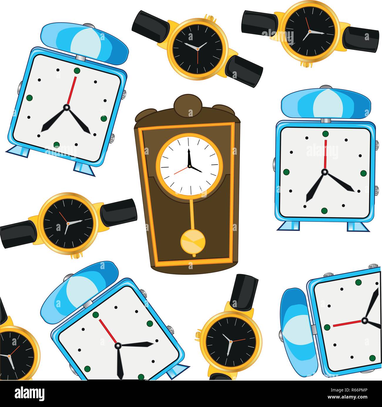 Decorative pattern from come hours and alarm clock Stock Vector