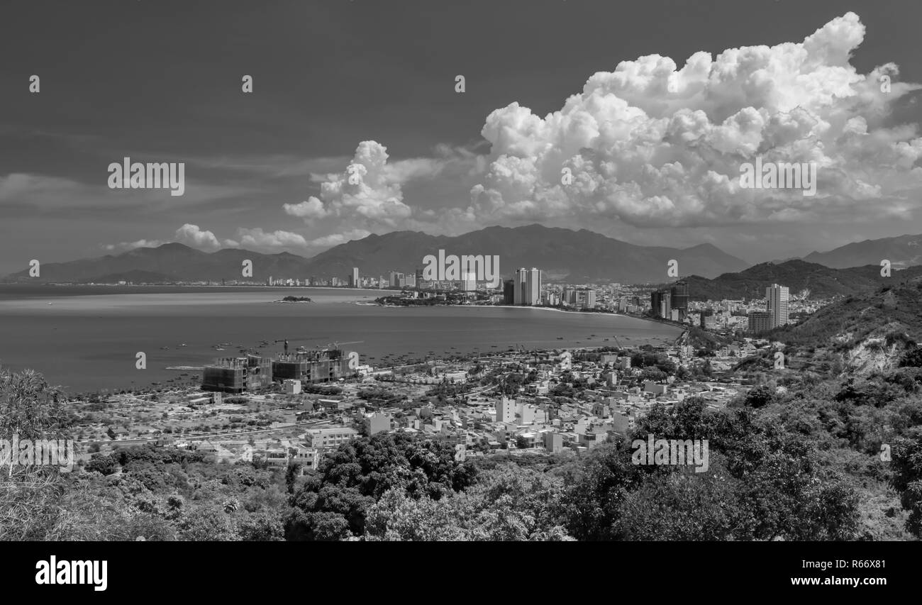 Holiday resort Nha Trang Vietnam on a beautiful sunny day from a view point north of the city converted to black and white. Stock Photo
