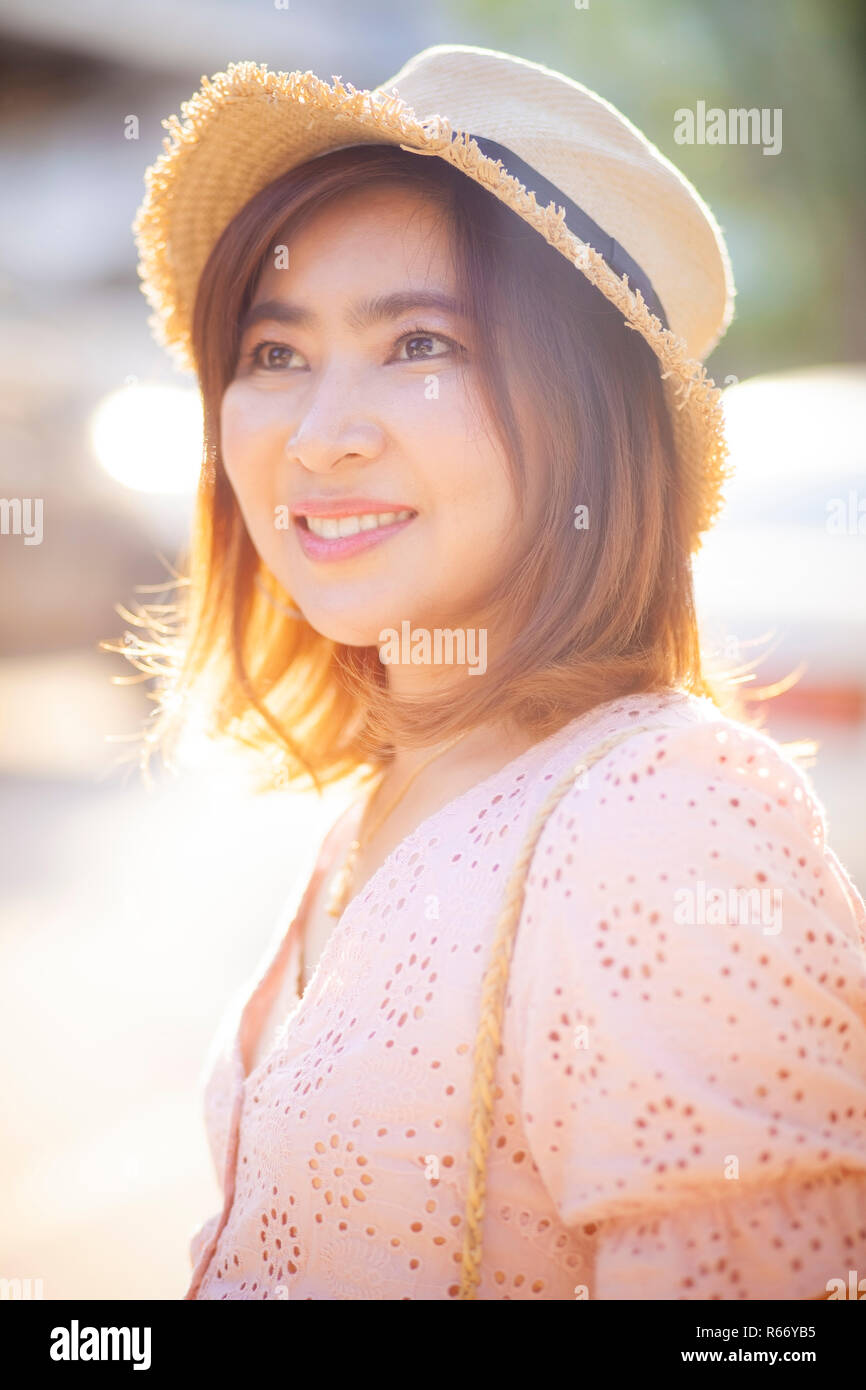 close up face of beautiful asian woman toothy smiling face with happiness emotion Stock Photo