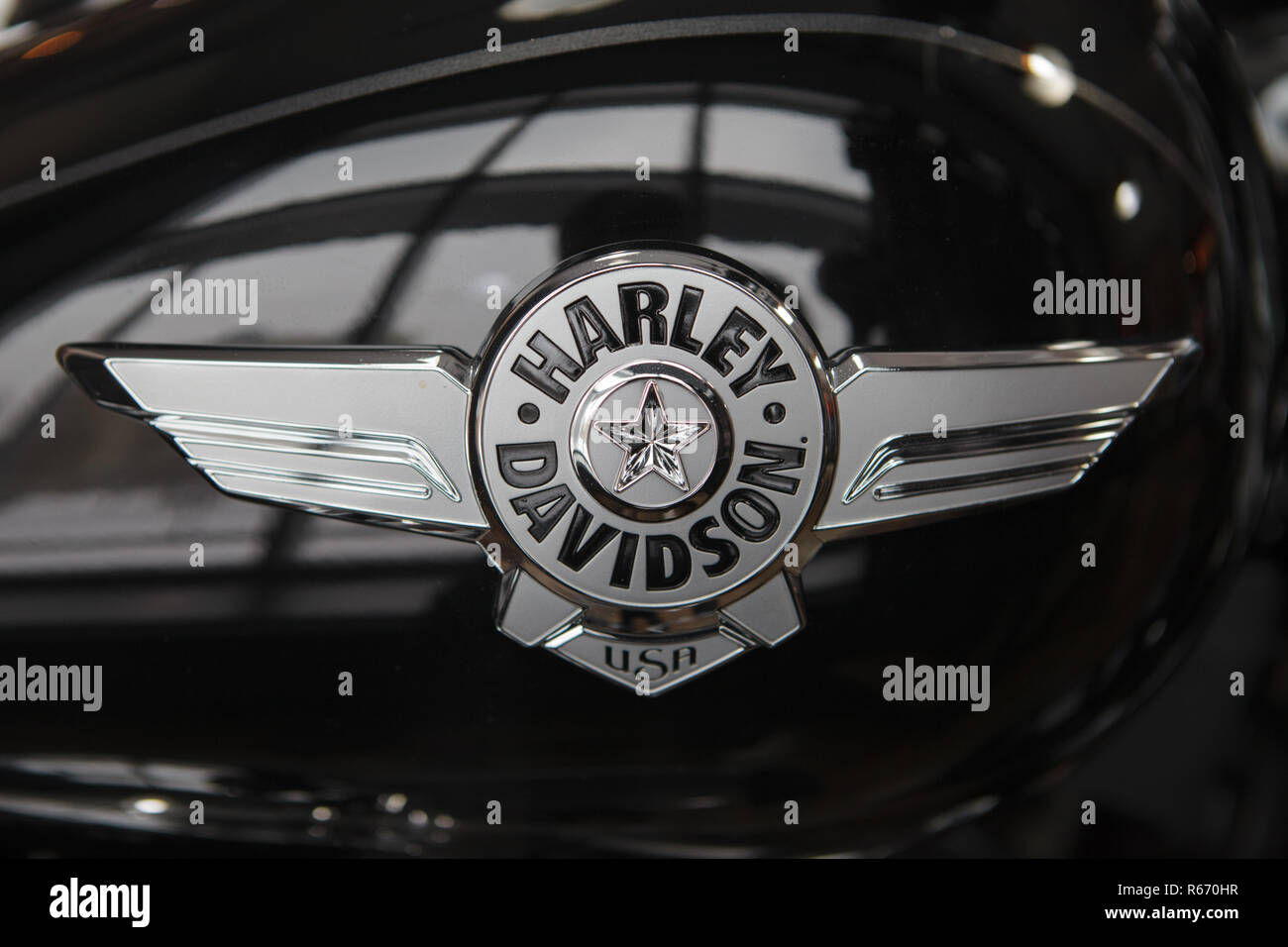 Krasnoyarsk, Russia - 24 November 2018: Detail and logo of Harley - Davidson. Stock Photo