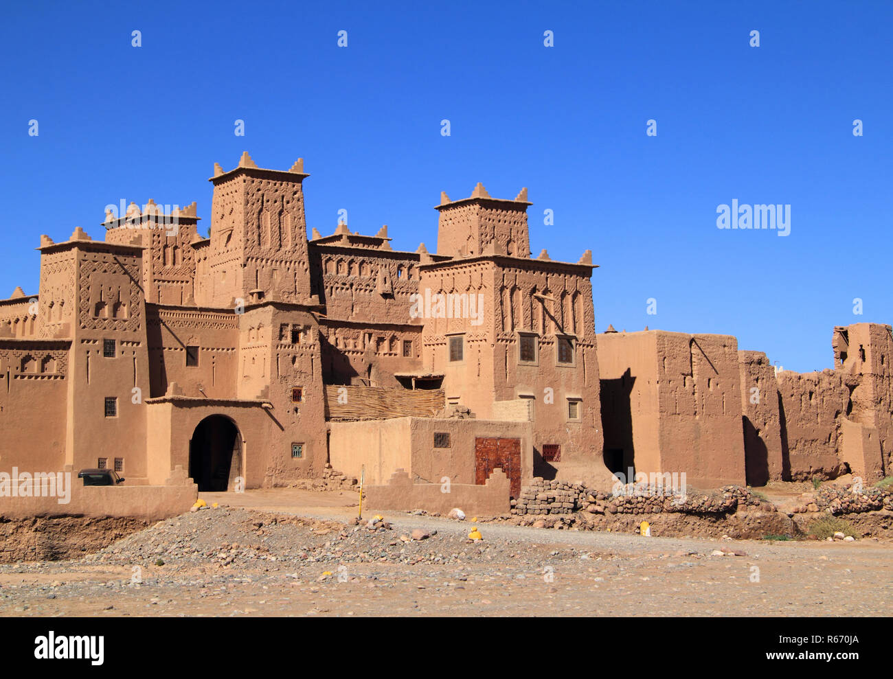 Morocco, Ouarzazate, Skoura, Amridil Kasbah Towers decorated with Berber geometrical symbols. The kasbah is depicted in Morocco's 50 Dirham banknotes. Stock Photo