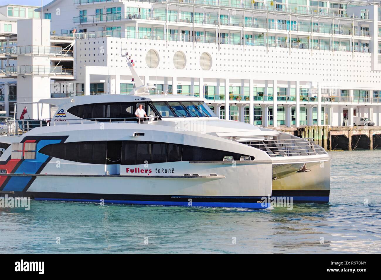 Auckland, New Zealand - November 29, 2017: A Fullers Ferry at Princes Wharf. Fullers are the leading provider in ferry travel to Waiheke Island and ot Stock Photo