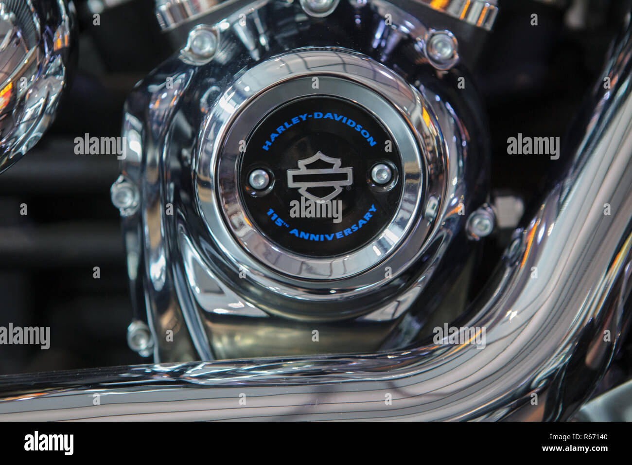 Krasnoyarsk, Russia - 24 November 2018: Detail and logo of Harley - Davidson. Stock Photo