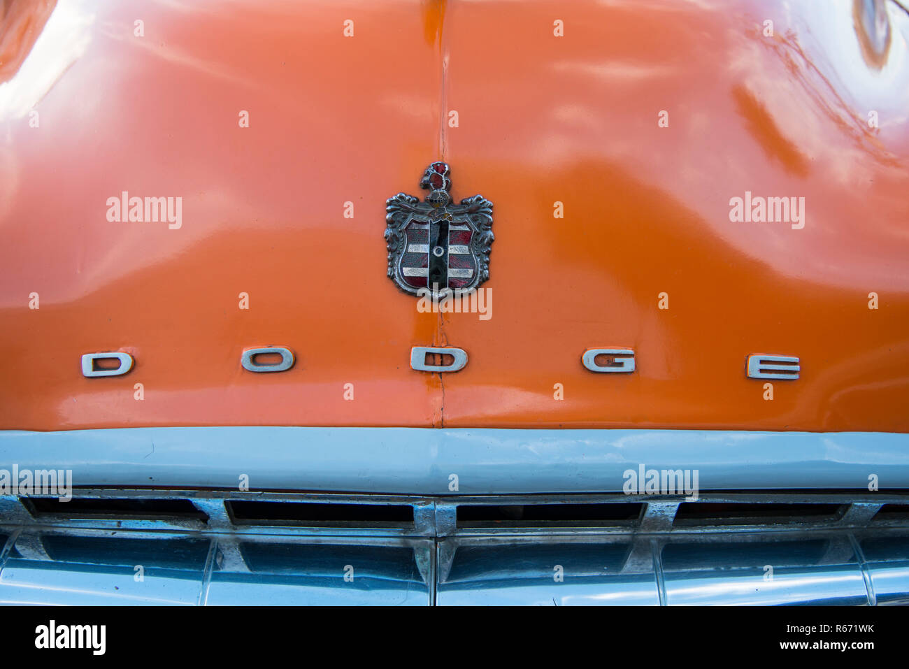 Hood of a classic old Dodge car. Stock Photo