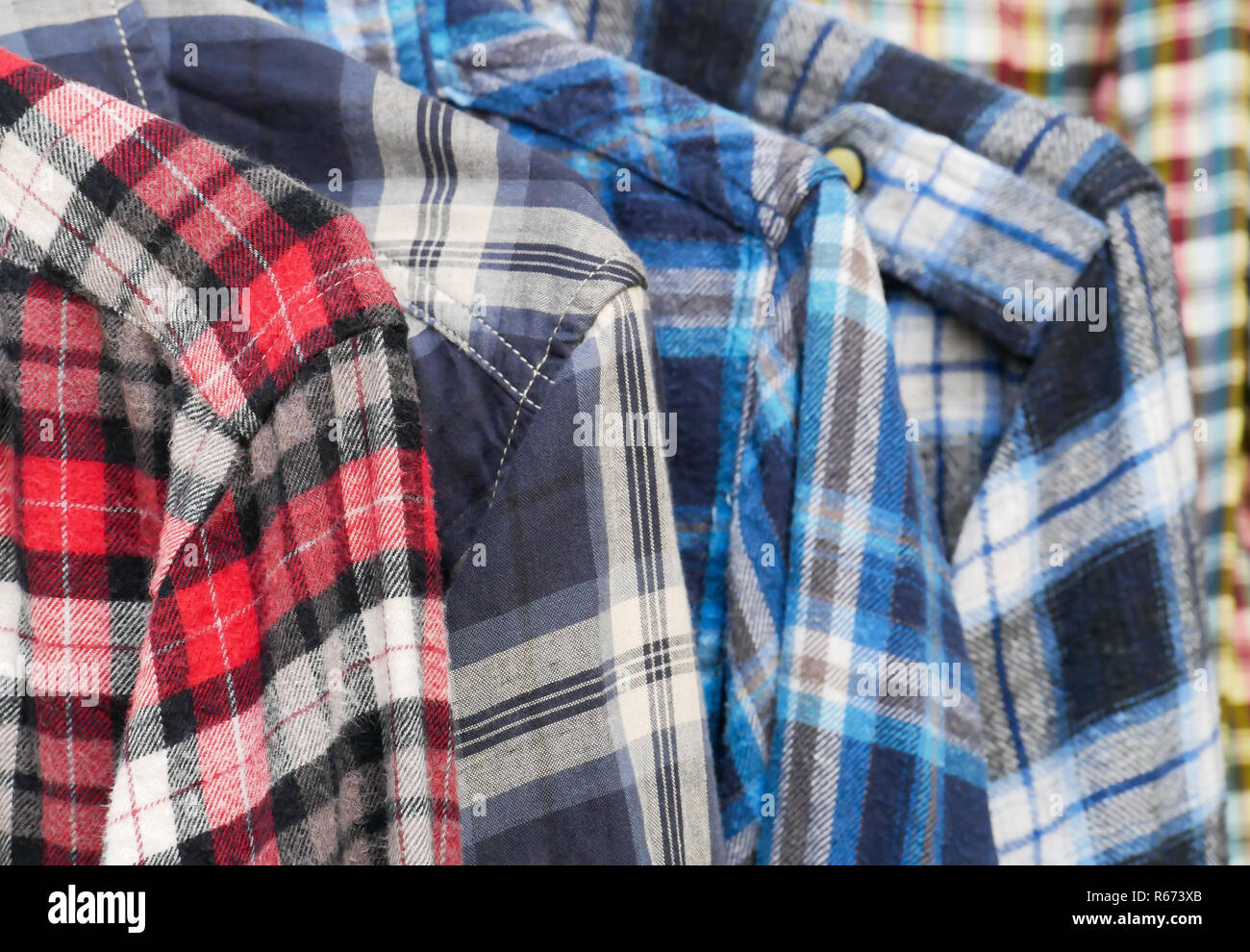 Men's sleeved plaid cotton shirts. Stock Photo