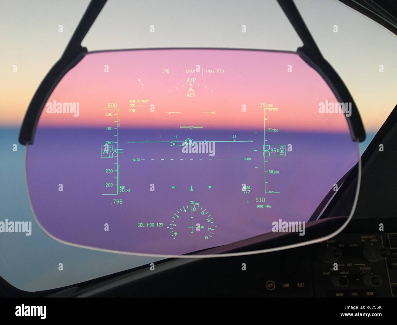 Modern aircraft heads up display. Close up of HUD on commercial jet airliner in flight showing display of aircraft information Stock Photo