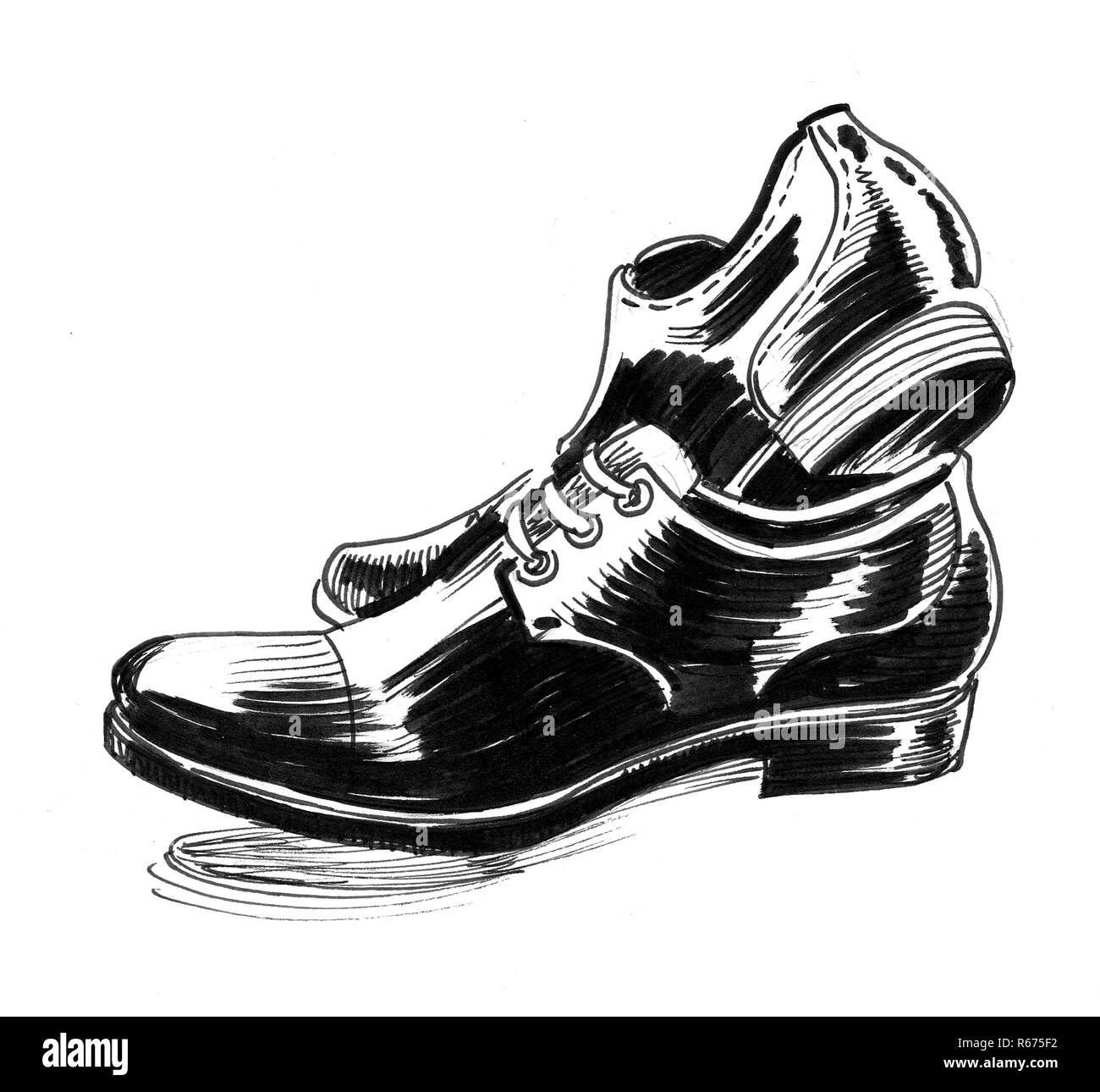 A pair of black shoes. Ink black and white drawing Stock Photo - Alamy