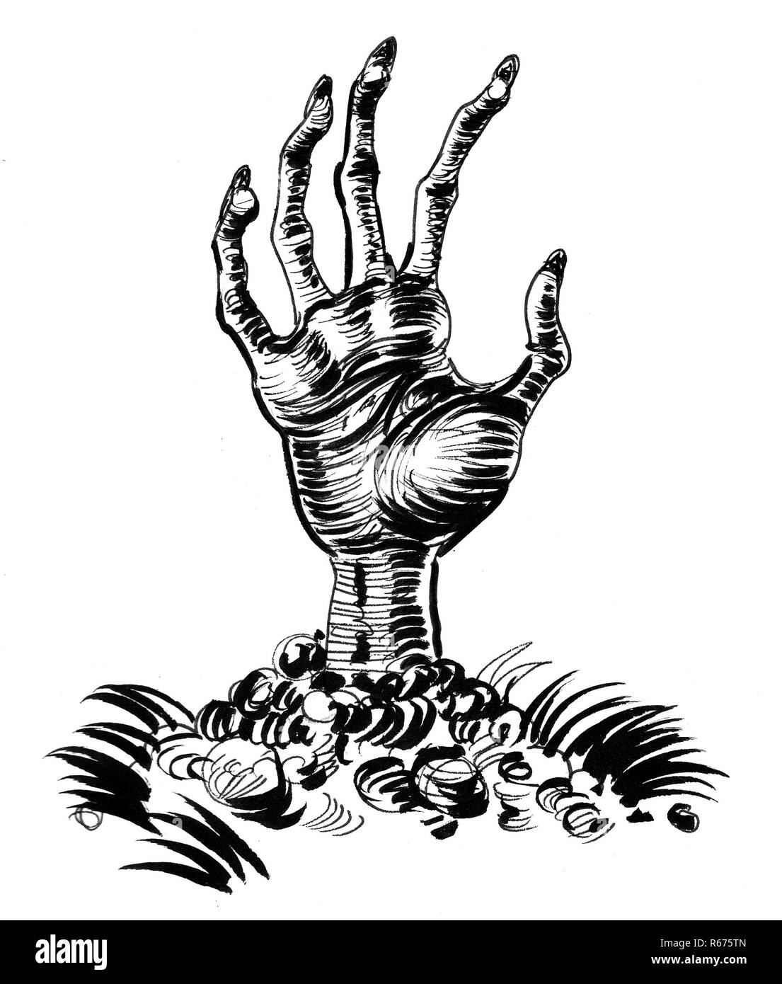 Zombie hand. Ink black and white drawing Stock Photo