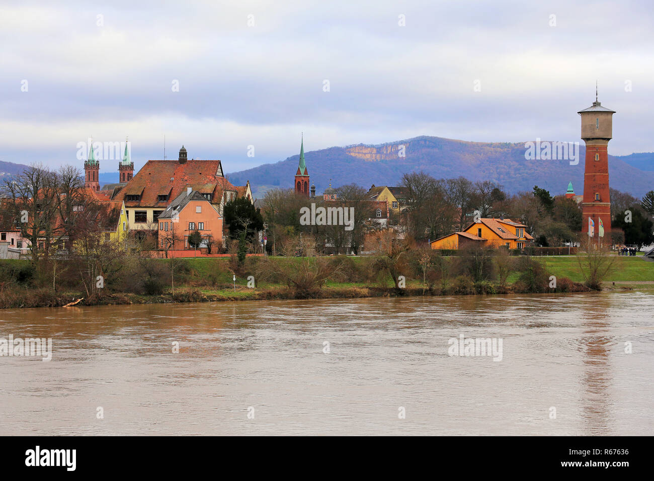 view over the neckar on ladenburg and the odenwald Stock Photo