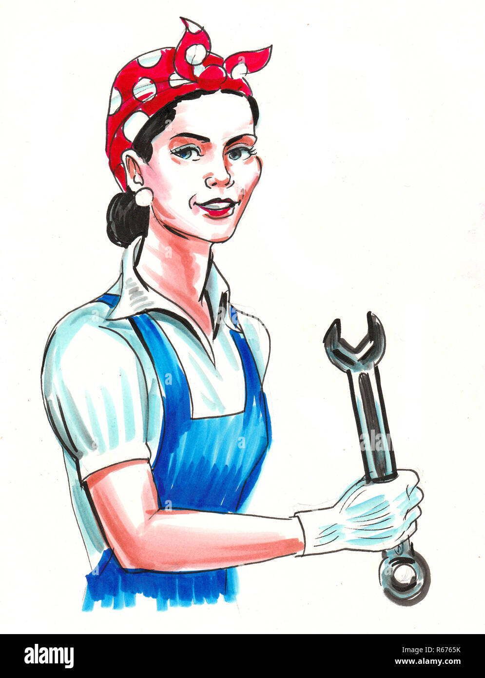 Female worker with a wrench tool. Ink and watercolor sketch Stock Photo ...