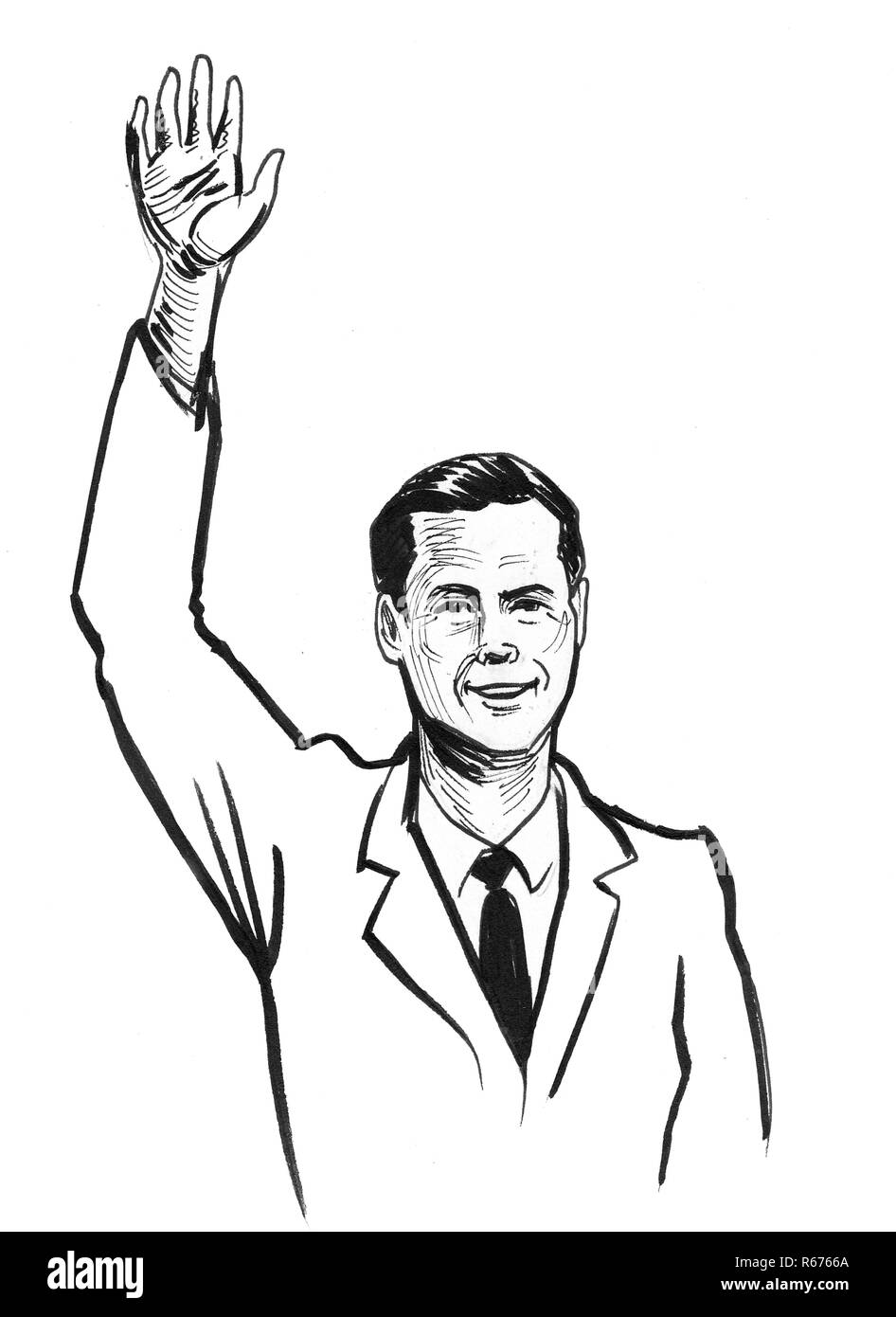Man waving his right hand. Ink black and white drawing Stock Photo Alamy