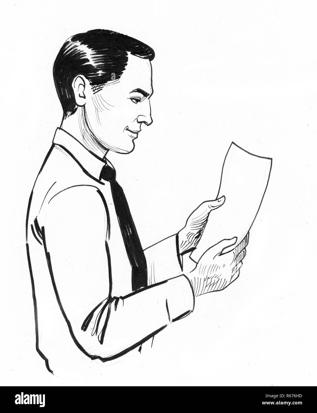 Man in white shirt and black tie reading a paper. ink black and white drawing Stock Photo