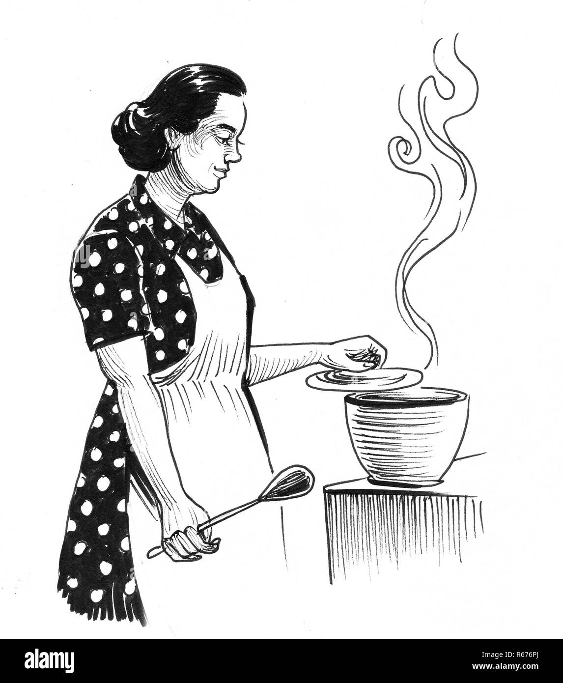 Woman preparing soup. Ink black and white drawing Stock Photo